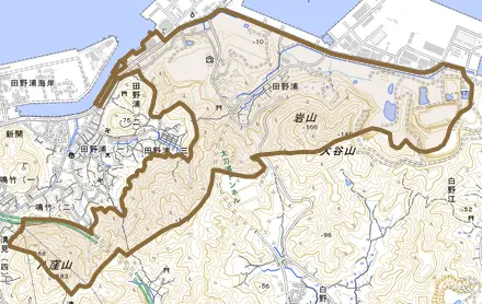 大字田野浦とその周辺の地図。町の範囲を重ねている