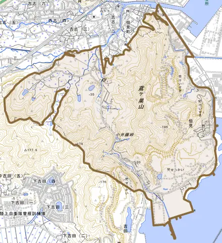 大字恒見とその周辺の地図。町の範囲を重ねている