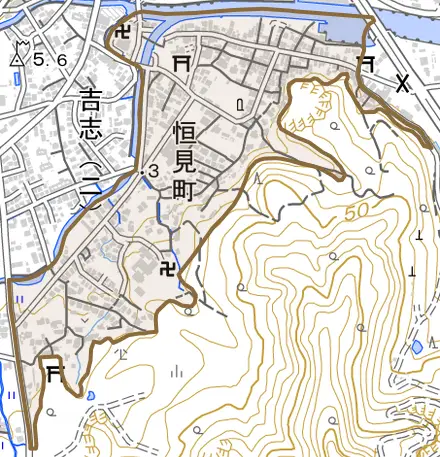 恒見町とその周辺の地図。町の範囲を重ねている