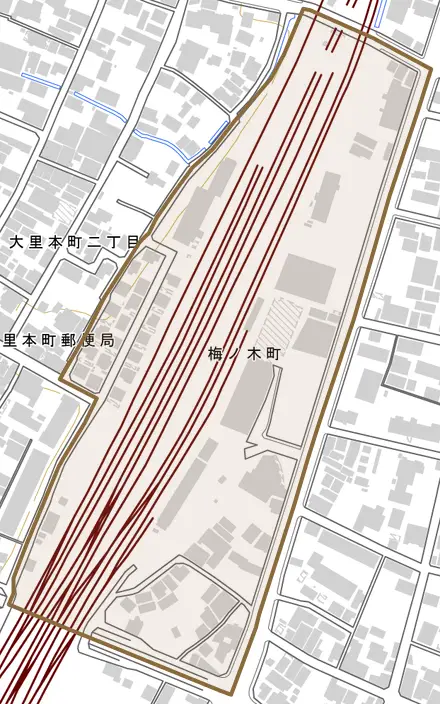 梅ノ木町とその周辺の地図。町の範囲を重ねている