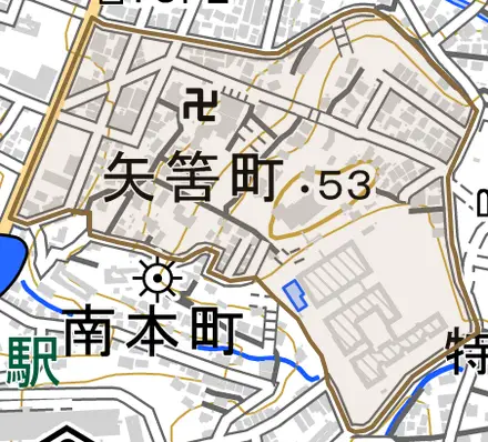 矢筈町とその周辺の地図。町の範囲を重ねている