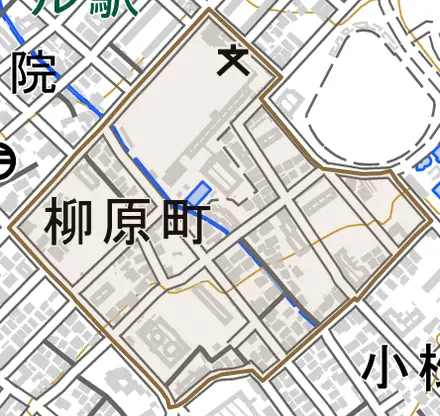 柳原町とその周辺の地図。町の範囲を重ねている