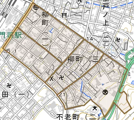 柳町とその周辺の地図。町の範囲を重ねている