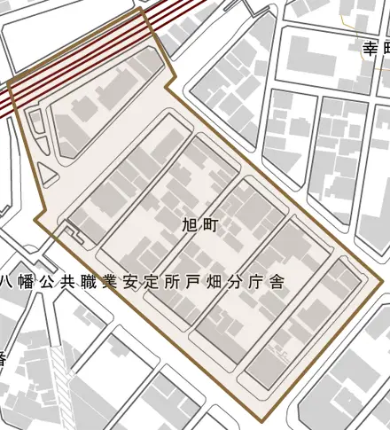 旭町とその周辺の地図。町の範囲を重ねている