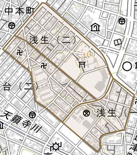 浅生とその周辺の地図。町の範囲を重ねている