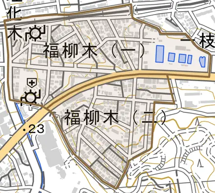 福柳木とその周辺の地図。町の範囲を重ねている