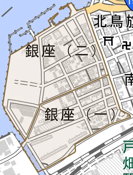 銀座とその周辺の地図。町の範囲を重ねている