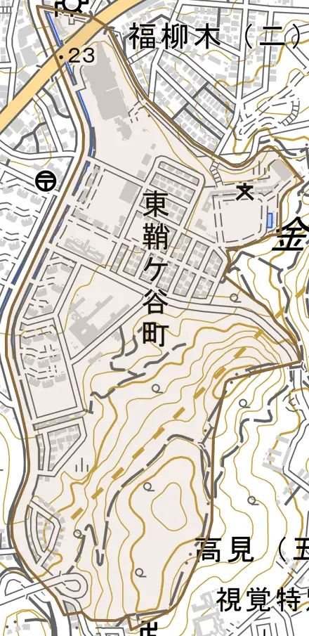 東鞘ケ谷町とその周辺の地図。町の範囲を重ねている