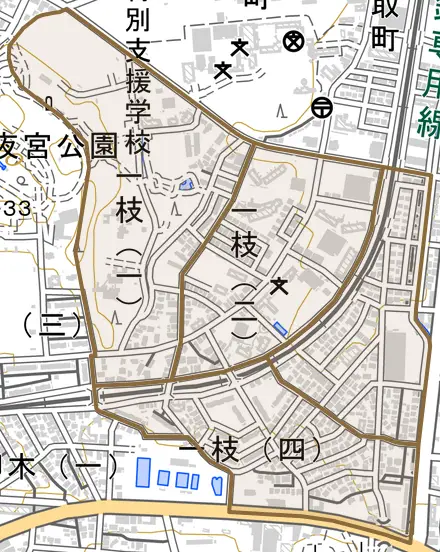 一枝とその周辺の地図。町の範囲を重ねている