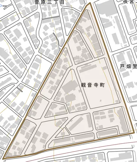 観音寺町とその周辺の地図。町の範囲を重ねている