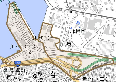 川代とその周辺の地図。町の範囲を重ねている