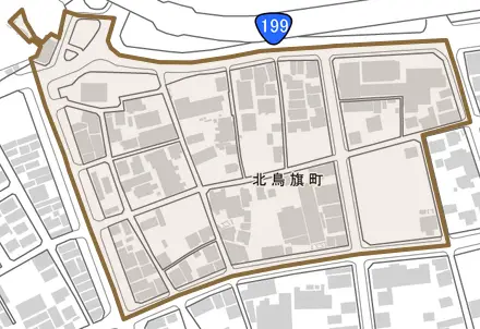 北鳥旗町とその周辺の地図。町の範囲を重ねている