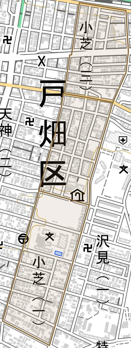 小芝とその周辺の地図。町の範囲を重ねている