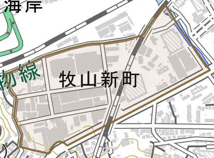 牧山新町とその周辺の地図。町の範囲を重ねている