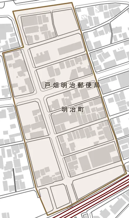 明治町とその周辺の地図。町の範囲を重ねている