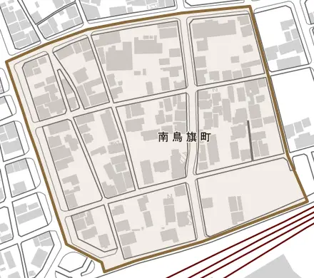 南鳥旗町とその周辺の地図。町の範囲を重ねている
