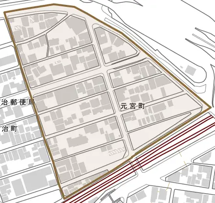 元宮町とその周辺の地図。町の範囲を重ねている