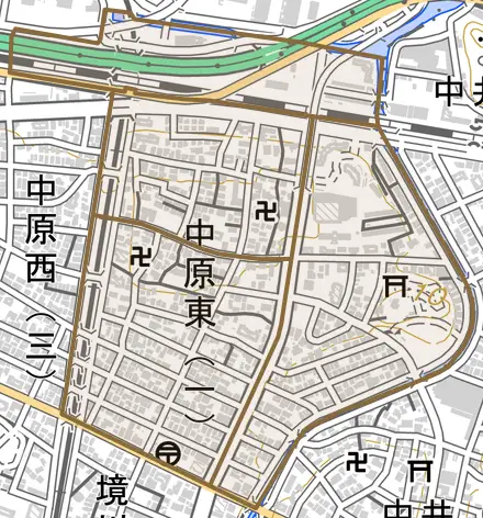 中原東とその周辺の地図。町の範囲を重ねている