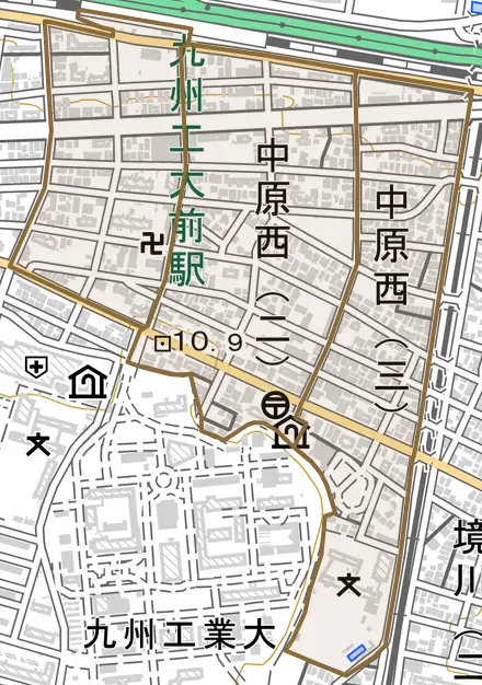 中原西とその周辺の地図。町の範囲を重ねている