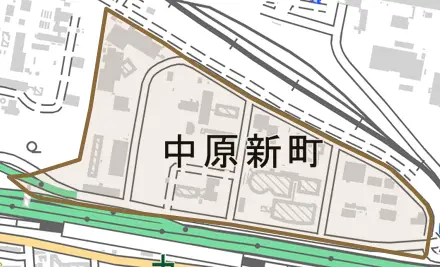 中原新町とその周辺の地図。町の範囲を重ねている