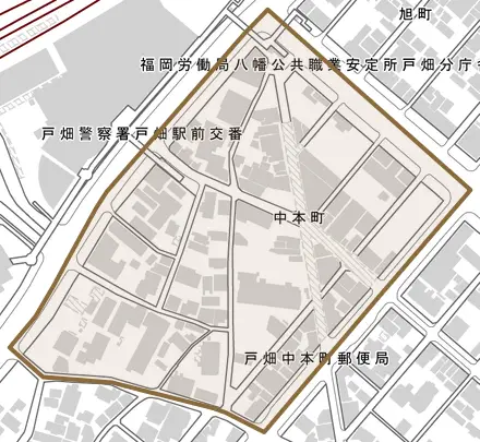 中本町とその周辺の地図。町の範囲を重ねている