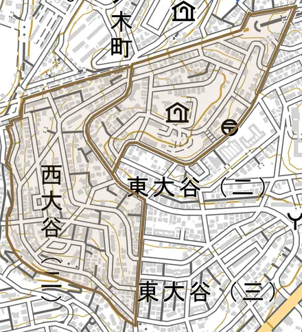 西大谷とその周辺の地図。町の範囲を重ねている