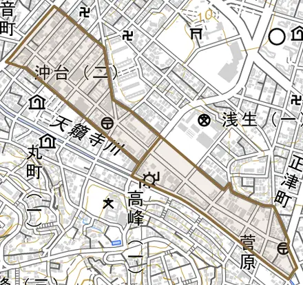 沖台とその周辺の地図。町の範囲を重ねている