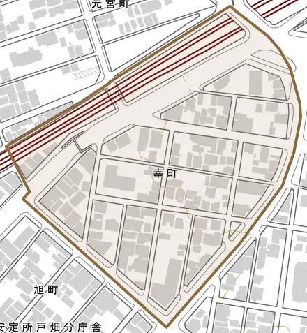 幸町とその周辺の地図。町の範囲を重ねている