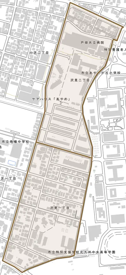 沢見とその周辺の地図。町の範囲を重ねている