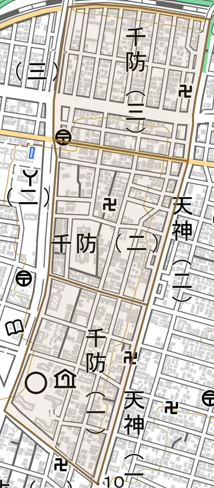 千防とその周辺の地図。町の範囲を重ねている