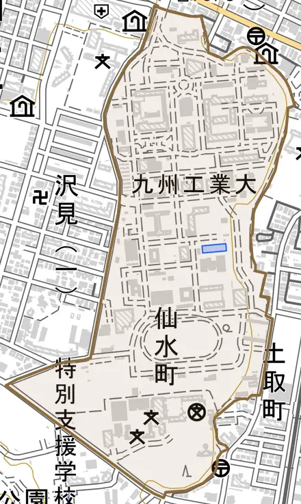 仙水町とその周辺の地図。町の範囲を重ねている