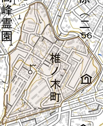椎ノ木町とその周辺の地図。町の範囲を重ねている