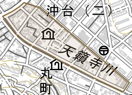 新川町とその周辺の地図。町の範囲を重ねている