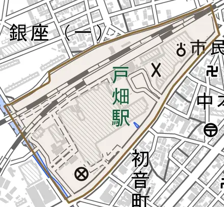 汐井町とその周辺の地図。町の範囲を重ねている