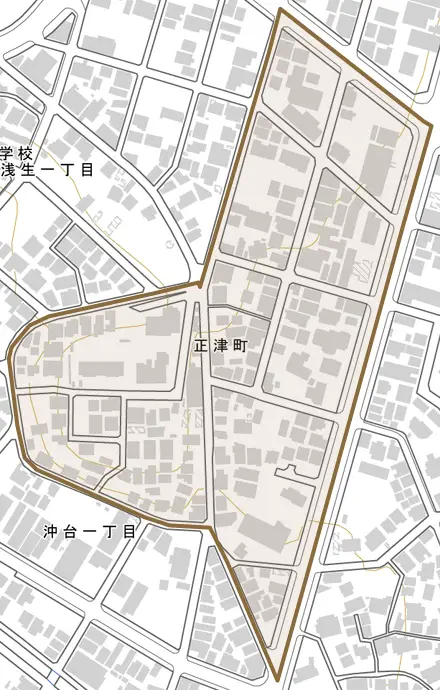 正津町とその周辺の地図。町の範囲を重ねている