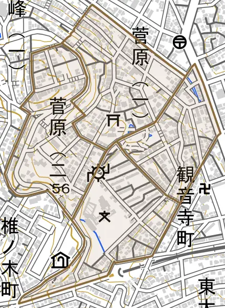 菅原とその周辺の地図。町の範囲を重ねている