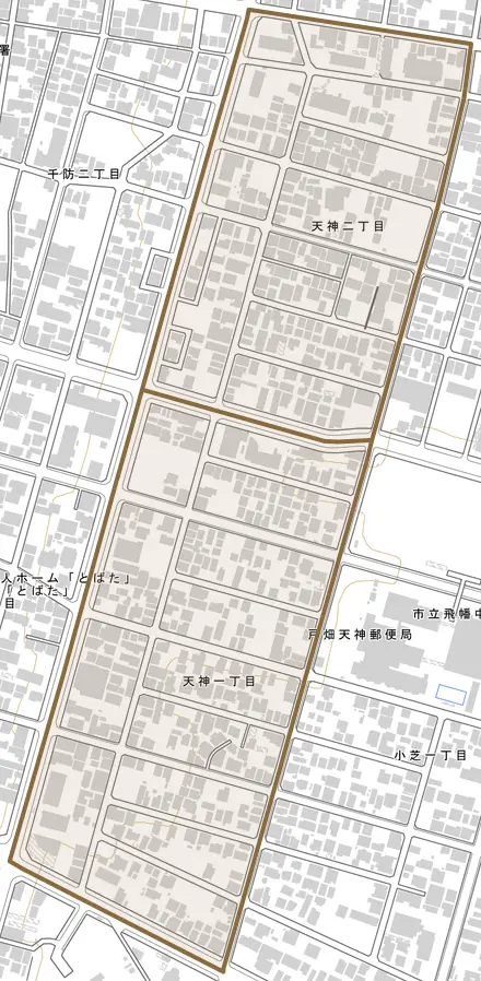 天神とその周辺の地図。町の範囲を重ねている