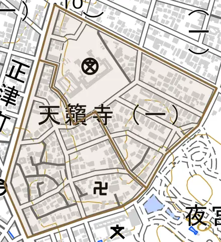 天籟寺とその周辺の地図。町の範囲を重ねている