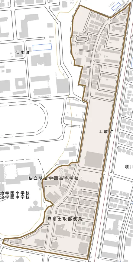 土取町とその周辺の地図。町の範囲を重ねている