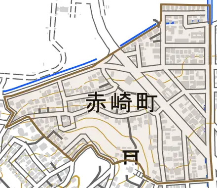 赤崎町とその周辺の地図。町の範囲を重ねている