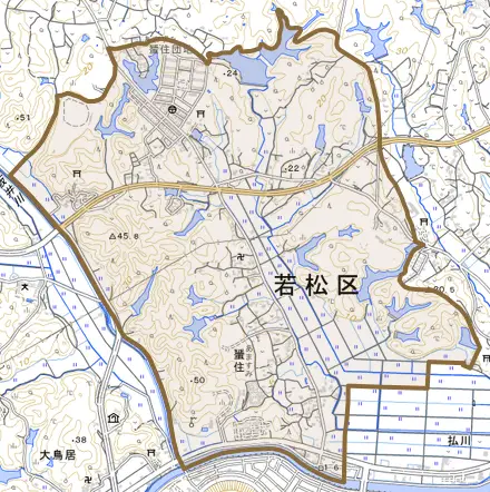 大字蜑住とその周辺の地図。町の範囲を重ねている