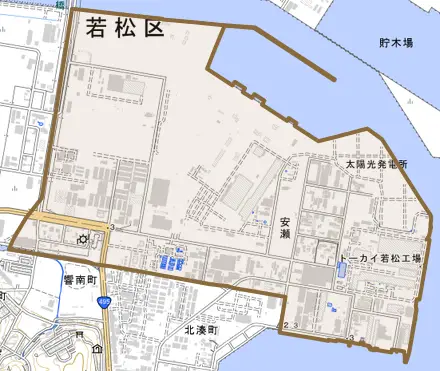 大字安瀬とその周辺の地図。町の範囲を重ねている