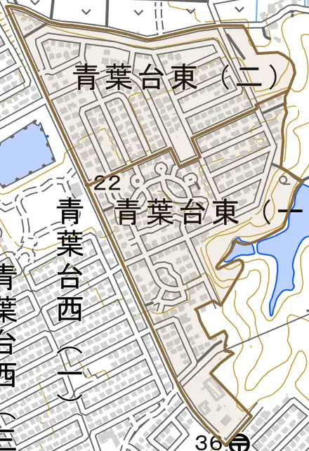 青葉台東とその周辺の地図。町の範囲を重ねている