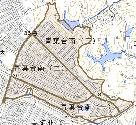 青葉台南とその周辺の地図。町の範囲を重ねている