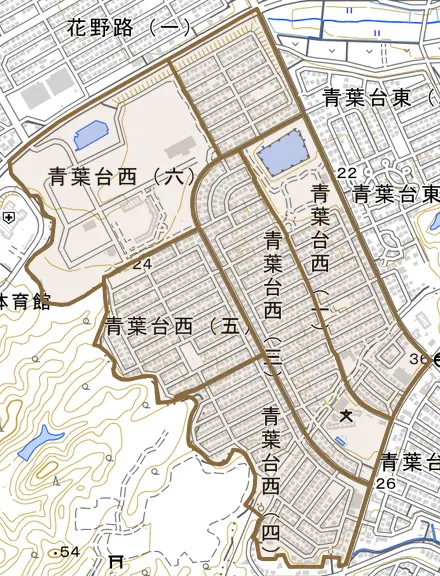 青葉台西とその周辺の地図。町の範囲を重ねている
