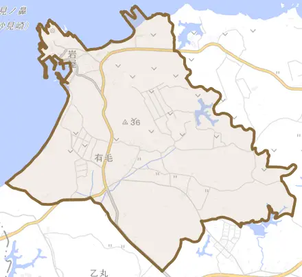 大字有毛とその周辺の地図。町の範囲を重ねている