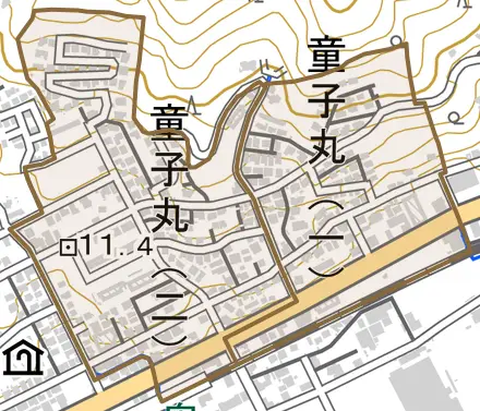 童子丸とその周辺の地図。町の範囲を重ねている
