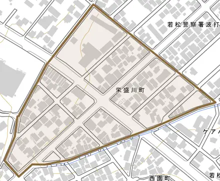 栄盛川町とその周辺の地図。町の範囲を重ねている