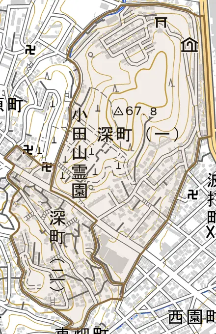 深町とその周辺の地図。町の範囲を重ねている