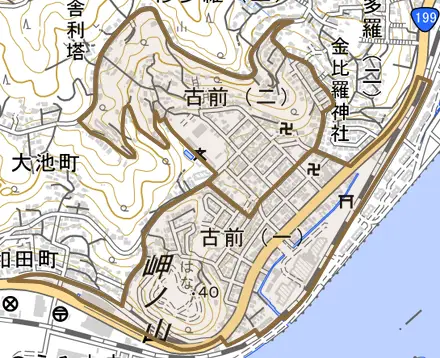 古前とその周辺の地図。町の範囲を重ねている